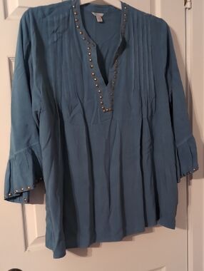 Cato Teal Blue V-Neck Tunic with Gold Stud Detail